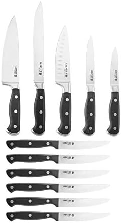 Sabatier Self-Sharpening 12-piece Forged Triple Rivet Knife Block Set with Edgekeeper Technology, High-Carbon Stainless Steel Kitchen Knives, Razor-Sharp Knife Set with Wood Block, Black