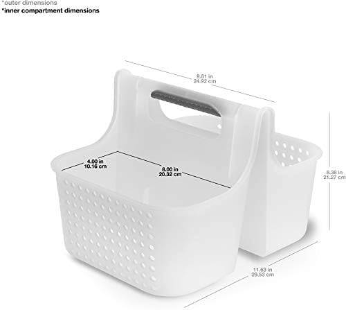 Madesmart 2-Compartment Soft Grip Shower Tote for Bathroom Organization, Plastic Storage Shower Caddy Bucket, Small, Frost