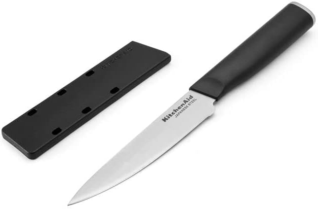 KitchenAid Classic Fine-Edge Utility Knife with Custom-Fit Blade Cover, 4.5-inch, Sharp Kitchen Knife, High-Carbon Japanese Stainless Steel Blade, Black