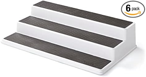 Copco 3-Tier Non-Skid Spice Rack Organizer for Kitchen Cabinet or Pantry, 15-Inch Tiered Shelf, White/Gray, Slip-Resistant Design for Jars and Bottles (Pack of 6)