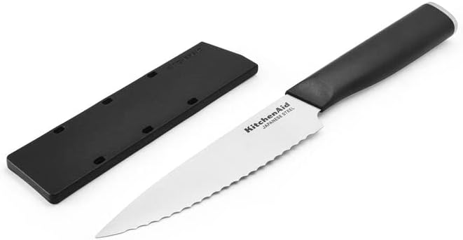 KitchenAid Classic Serrated Utility Knife with Custom Fit Blade Cover, 8 inch, Sharp Kitchen Knife, High Carbon Japanese Stainless Steel Blade, Black