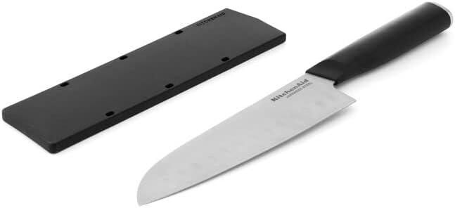 KitchenAid Classic Santoku Knife with Custom-Fit Blade Cover, 7-inch, Sharp Kitchen Knife, High-Carbon Japanese Stainless Steel, Black