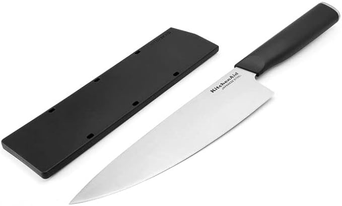 KitchenAid Classic Chef Knife with Custom-Fit Blade Cover, 8-inch, Sharp Kitchen Knife, High-Carbon Japanese Stainless Steel Blade Blade, Black