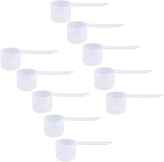 Plastic Measuring Scoop, 4 Tablespoon (60 cc | 1/4 Cup | 2 oz. | 60 mL) Long Handle Spoons for Powders, Granules, Coffee, Pet Food, Baking Supplies, Protein and Other Dry Goods, BPA Free (Set of 10)
