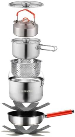 Camping Cookware Set 304 Stainless Steel Cooking Pots Pan Set with Travel Tote Bag for Camping Outdoor Kitchen Cooking Picnic for 4-6