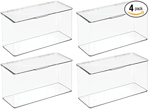 mDesign Plastic Bathroom Storage Organizer Box Containers with Hinged Lid for Vanity Drawers - Holds Lotions, Face Towels, Cotton Swabs, Soap, or Accessories - Lumiere Collection - 4 Pack - Clear