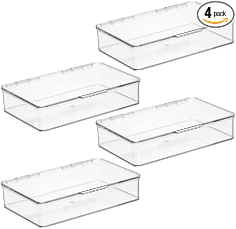 mDesign Plastic Stackable Storage Organizer Bin with Hinged Lid for Bathroom, Cabinet, Drawer, Under Sink, Shelf Organization Holds Medicine, Bath Essentials, Cleaning Supplies - 4 Pack - Clear