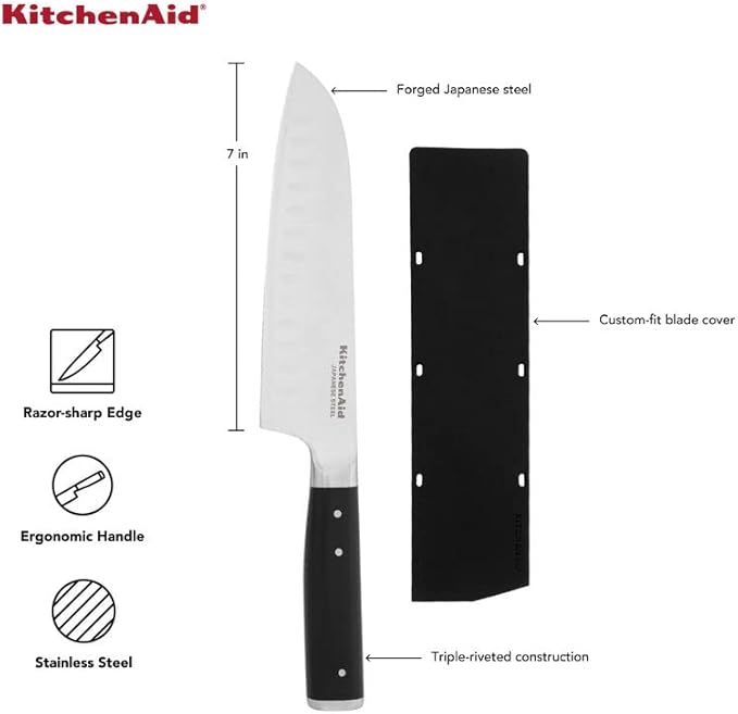 KitchenAid Gourmet Forged Triple Rivet Santoku Knife with Custom-Fit Blade Cover, 7-inch, Sharp Kitchen Knife, High-Carbon Japanese Stainless Steel Blade, Black