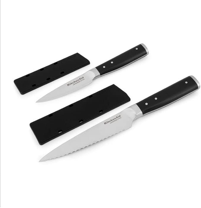 KitchenAid Gourmet 2 Piece Forged Triple Rivet Knife Set, 4.5 inch Fine Edge Utility Knife and 3.5 inch Paring Knife Set, Sharp Kitchen Knives, High Carbon Japanese Stainless Steel, Black