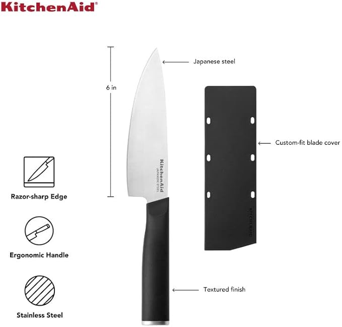 KitchenAid Classic Chef Knife with Custom-Fit Blade Cover, 6-inch, Sharp Kitchen Knife, High-Carbon Japanese Stainless Steel Blade, Black