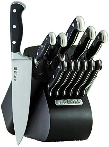 Sabatier Self-Sharpening 12-piece Forged Triple Rivet Knife Block Set with Edgekeeper Technology, High-Carbon Stainless Steel Kitchen Knives, Razor-Sharp Knife Set with Wood Block, Black