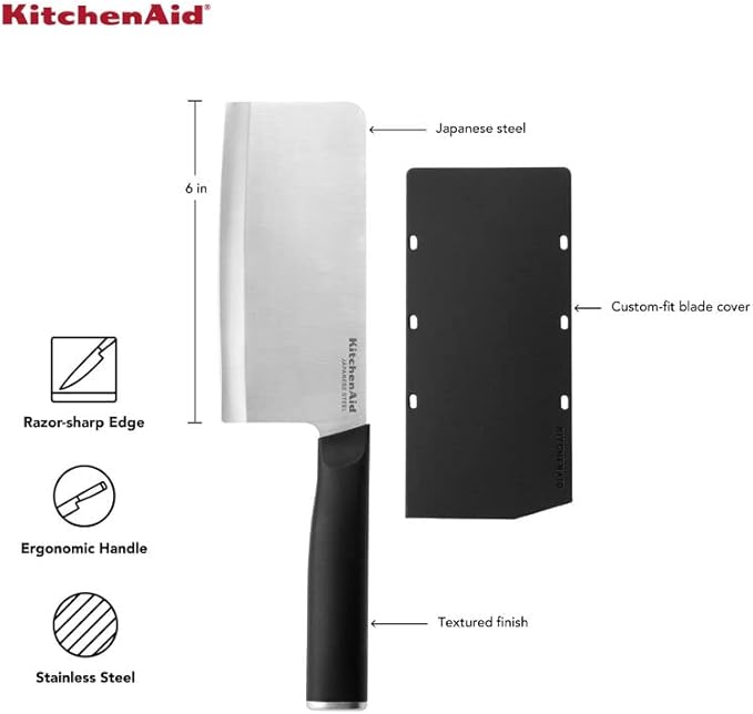 KitchenAid Classic Cleaver Knife with Custom Fit Blade Cover, 6 inch, Sharp Kitchen Knife, High Carbon Japanese Stainless Steel Blade, Meat Cleaver, Black