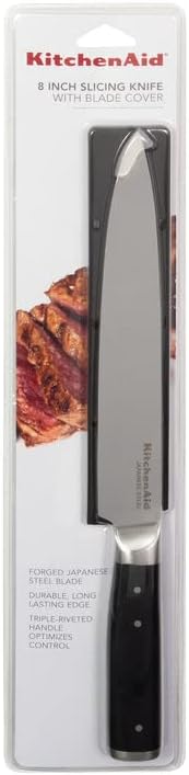 KitchenAid Gourmet Forged Triple Rivet Slicing Knife with Custom-Fit Blade Cover, 8-inch, Sharp Kitchen Knife, High-Carbon Japanese Stainless Steel Blade, Black