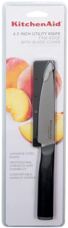 KitchenAid Classic Fine-Edge Utility Knife with Custom-Fit Blade Cover, 4.5-inch, Sharp Kitchen Knife, High-Carbon Japanese Stainless Steel Blade, Black