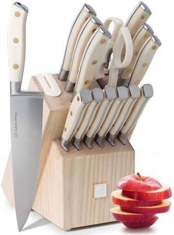 Styled Settings White Knife Set with Block and Sharpener – 14-Piece Ultra-Sharp High Carbon Stainless Steel Knives with Gold Triple Rivet White Handles and Ashwood Knife Block