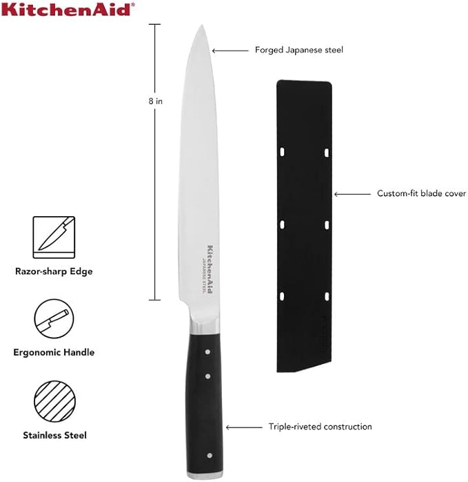 KitchenAid Gourmet Forged Triple Rivet Slicing Knife with Custom-Fit Blade Cover, 8-inch, Sharp Kitchen Knife, High-Carbon Japanese Stainless Steel Blade, Black