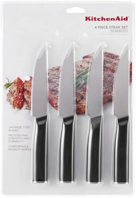 KitchenAid Classic 4 Piece Steak Knife Set, 4.5-Inch, High-Carbon Japanese Stee Blades, Sharp Kitchen Knife Set, Black