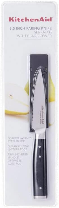 KitchenAid Gourmet Forged Triple Rivet Serrated Paring Knife with Custom-Fit Blade Cover, 3.5-inch, Sharp Kitchen Knife, High-Carbon Japanese Stainless Steel Blade, Black