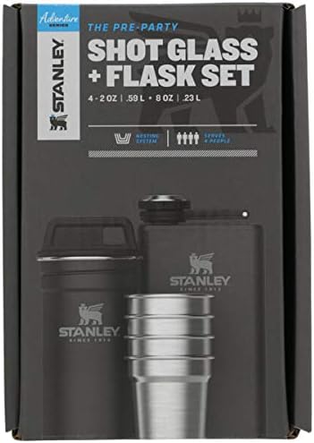 Stanley Adventure Pre-Party Flask and Nesting Shot Glass Set | 8 oz Leakproof Hip Flask | 4 Shot Glasses in Travel Carrying Case | Insulated Stainless Steel Liquor Flask | BPA-Free | Matte Black