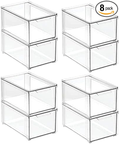 mDesign Plastic Stackable Bathroom Storage Organizer Bin with Pull Out Drawer for Cabinet, Vanity, Shelf, Cupboard, Cabinet, or Closet Organization - Lumiere Collection - 8 Pack - Clear