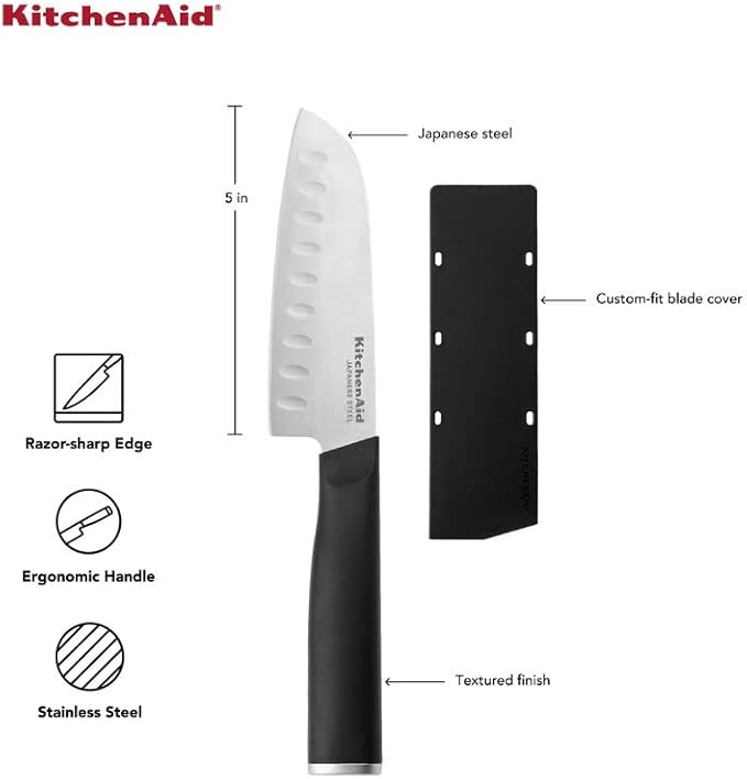 KitchenAid Classic Santoku Knife with Custom-Fit Blade Cover, 5-inch, Sharp Kitchen Knife, High-Carbon Japanese Stainless Steel Blade, Black