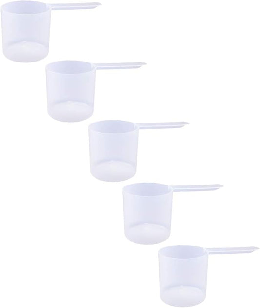 Plastic Measuring Scoop, (118.4 cc | 1/2 Cup | 4 fl oz. | 118.4 mL) Long Handle Spoons for Powders, Granules, Coffee, Pet Food, Baking Supplies, Protein and Other Dry Goods, BPA Free (Set of 5)