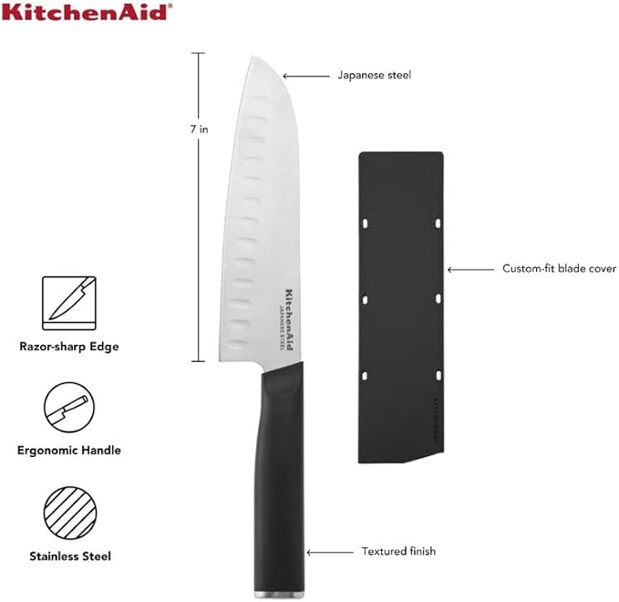 KitchenAid Classic Santoku Knife with Custom-Fit Blade Cover, 7-inch, Sharp Kitchen Knife, High-Carbon Japanese Stainless Steel, Black