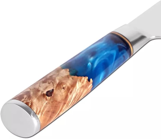 Epicurean Cook Tidal Collection 8 PCS Damascus Knife Set Japanese Kitchen Knives with VG10 Steel Core Ultra-Sharp Professional Chef Knife Set with Elegant Box and Blue Resin and Burl Wood Handles