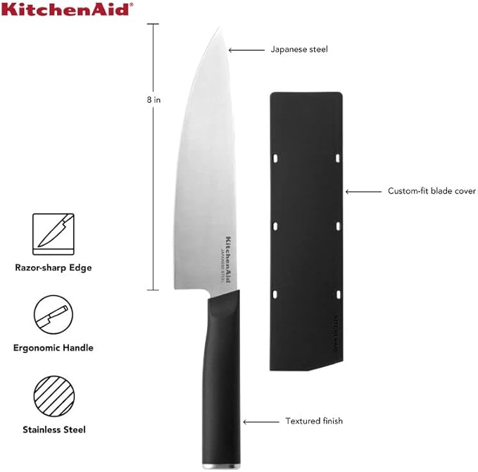 KitchenAid Classic Chef Knife with Custom-Fit Blade Cover, 8-inch, Sharp Kitchen Knife, High-Carbon Japanese Stainless Steel Blade Blade, Black