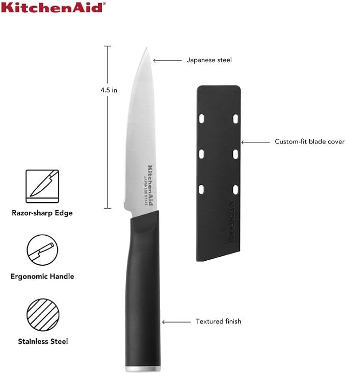 KitchenAid Classic Fine-Edge Utility Knife with Custom-Fit Blade Cover, 4.5-inch, Sharp Kitchen Knife, High-Carbon Japanese Stainless Steel Blade, Black