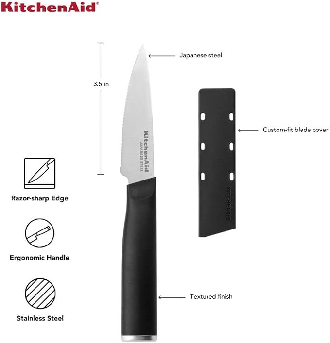 KitchenAid Classic Serrated Paring Knife with Custom-Fit Blade Cover, 3.5-inch, Sharp Kitchen Knife, High-Carbon Japanese Stainless Steel Blade, Black