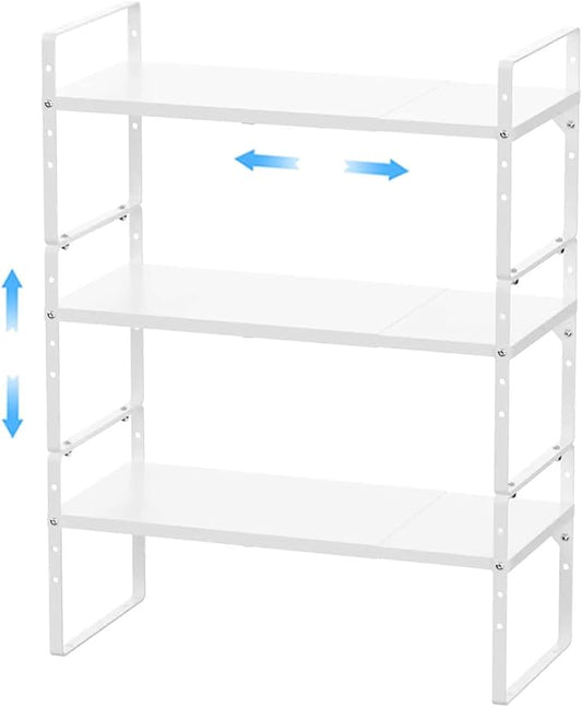 Expandable Kitchen Cabinet Shelf Organizers 3 Pack, Stackable Metal Pantry Storage Shelves Rack, Adjustable Counter Shelf for Cabinets, Countertop, Cupboard Organizers and Storage, White