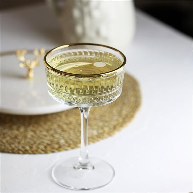 Pasabahce Vintage Golden Touch Coupe Glasses Set Of 4 - Exclusive Champagne, Cocktail, Martini, Wine Glasses - Long Stem Glassware - 8.8 oz - Perfect for Parties, Gifts, Housewarming, Weddings