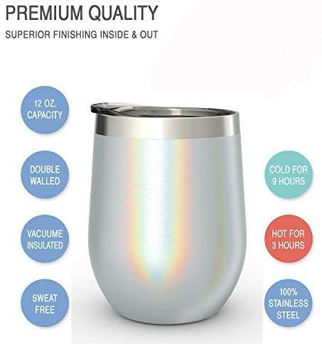 CHILLOUT LIFE 12 oz Stainless Steel Wine Tumbler with Lid - Double Wall Vacuum Insulated Wine Cup Glass Keeping Cold & Hot for Coffee, Champagne, Cocktails, Ice Cream - Holographic Glitter