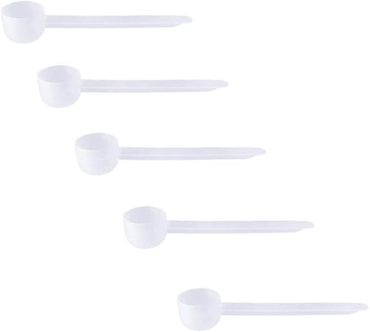 Plastic Measuring Scoop, 2 teaspoon (BOWL 10 cc | 10 mL) Long Handle Spoons for Powders, Granules, Coffee, Pet Food, Baking Supplies, Protein and Other Dry Goods, BPA Free (Set of 5)