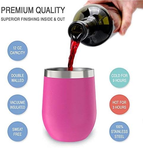 CHILLOUT LIFE 12 oz Stainless Steel Wine Tumbler with Lid - Double Wall Vacuum Insulated Wine Cup Glass Keeping Cold & Hot for Coffee, Champagne, Cocktails, Ice Cream - Powder Coated Pink