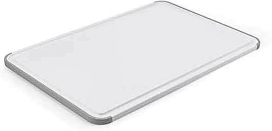KitchenAid Classic Plastic Cutting Board with Perimeter Trench and Non Slip Edges, Dishwasher Safe, 12 inch x 18 inch, White and Gray