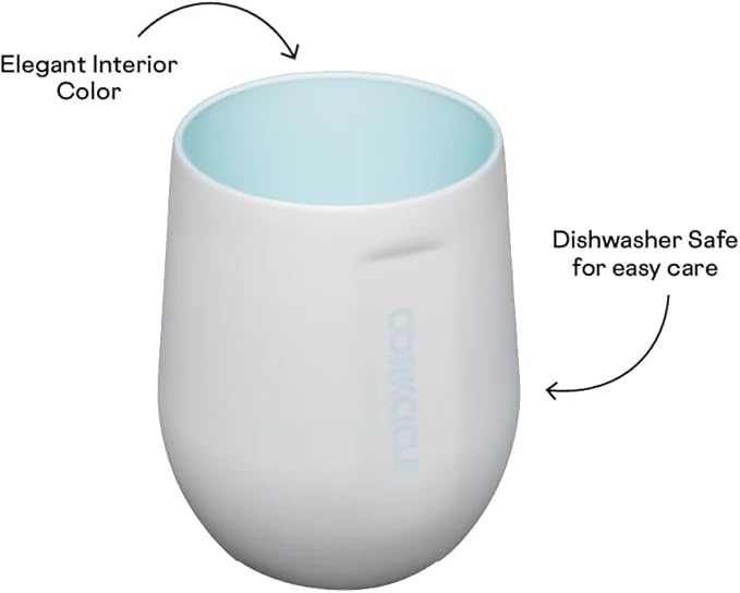 Corkcicle Pure Taste Stemless Insulated Wine Glass Tumbler - Keeps Beverages Cold 6 Hours & Hot 3 Hours - Stainless Steel - Easy-Grip - Summer Drinkware Gift - 12 oz - Ceramic White/Powder Blue