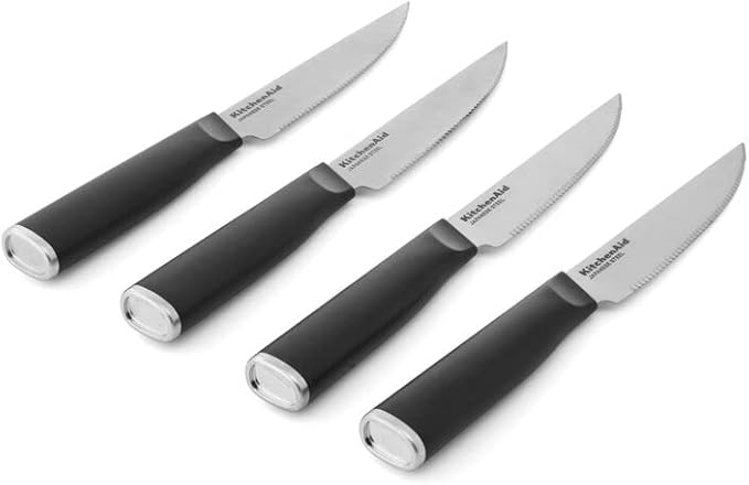 KitchenAid Classic 4 Piece Steak Knife Set, 4.5-Inch, High-Carbon Japanese Stee Blades, Sharp Kitchen Knife Set, Black