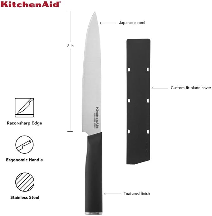 KitchenAid Classic Slicing Knife with Custom Fit Blade Cover, 8 inch, Sharp Kitchen Knife, High Carbon Japanese Stainless Steel Blade, Black