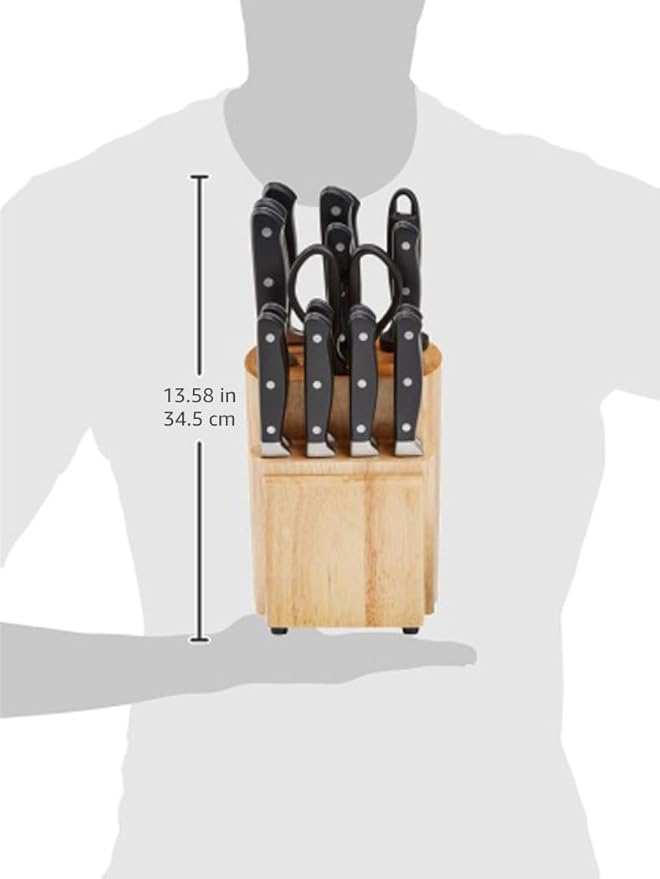 Amazon Basics 18 Pieces Premium High-Carbon Stainless Steel Blades with Pine Wood Knife Block Set,Kitchen, Black
