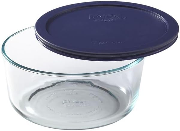 Pyrex Storage Plus 7-Cup Round Glass Food Storage Dish, Blue Cover, Pack of 2