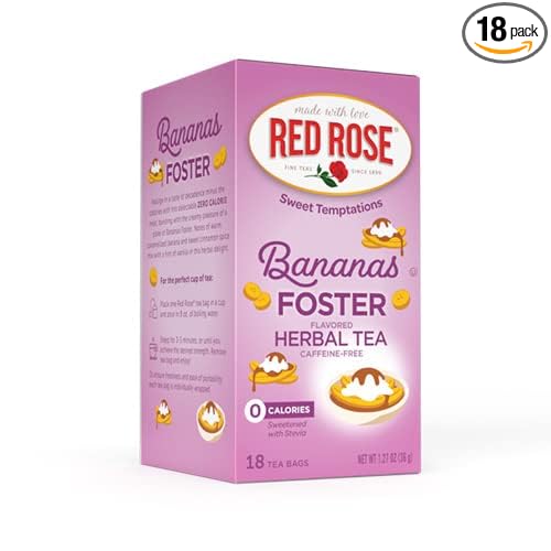Red Rose Sweet Temptations Dessert Tea Bananas Foster, Zero Carbs, Zero Sugar Bursting with Flavor Caffeine-Free Delicious Beverage Herbal Tea, 18 Count Fruit Naturally Flavored Herbal Tea
