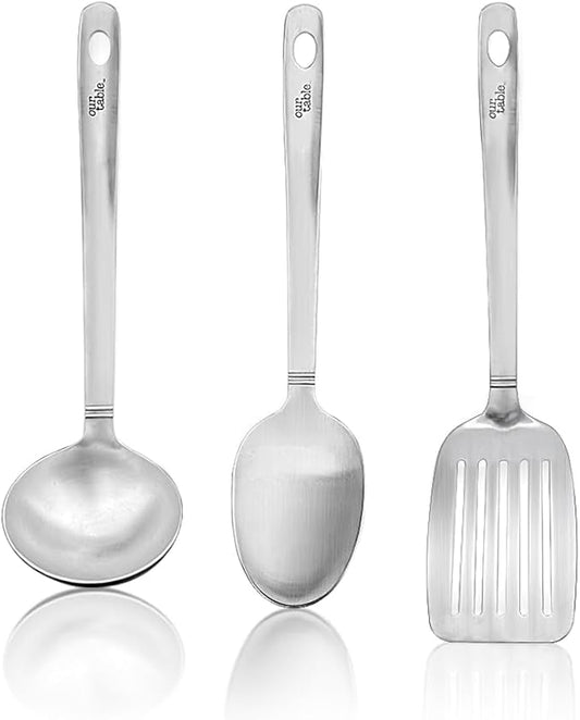 Our Table 3 Pieces Cook & Serve Stainless-Steel Utensils Set,Kitchen Soup Ladle,Cooking Spoon,Slotted Turner Spatula for Serving Your Favorite Meals