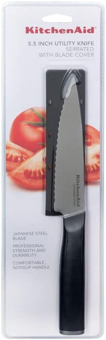 KitchenAid Classic Serrated Utility Knife with Custom Fit Blade Cover, 8 inch, Sharp Kitchen Knife, High Carbon Japanese Stainless Steel Blade, Black