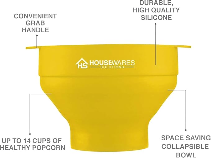 Collapsible Silicone Microwave Hot Air Popcorn Popper Bowl With Lid and Handles (Yellow)