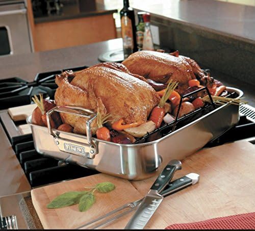 Viking 3-Ply Stainless Steel Roasting Pan with Non Stick Rack, 16 x 13 Inch Kitchen Cookware, Great for Turkey, Dishwasher and Oven Safe, Induction Ready, Silver
