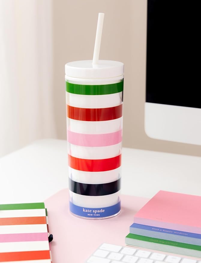 kate spade new york Acrylic Tumbler with Lid and Straw, 24 oz Tumbler, Slim Double Wall Tumbler, Adventure Stripe