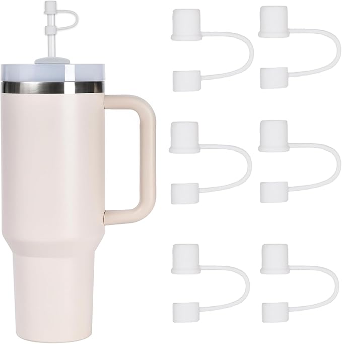 6PCS Silicone Straw Covers Cap Compatible with Stanley Cup 30-40 oz Tumbler with Handle 10mm Straw Toppers，Dust-Proof Reusable Straw Cover for Stanley Cup Accessories (White)