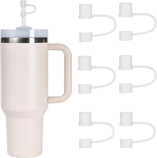 6PCS Silicone Straw Covers Cap Compatible with Stanley Cup 30-40 oz Tumbler with Handle 10mm Straw Toppers，Dust-Proof Reusable Straw Cover for Stanley Cup Accessories (White)